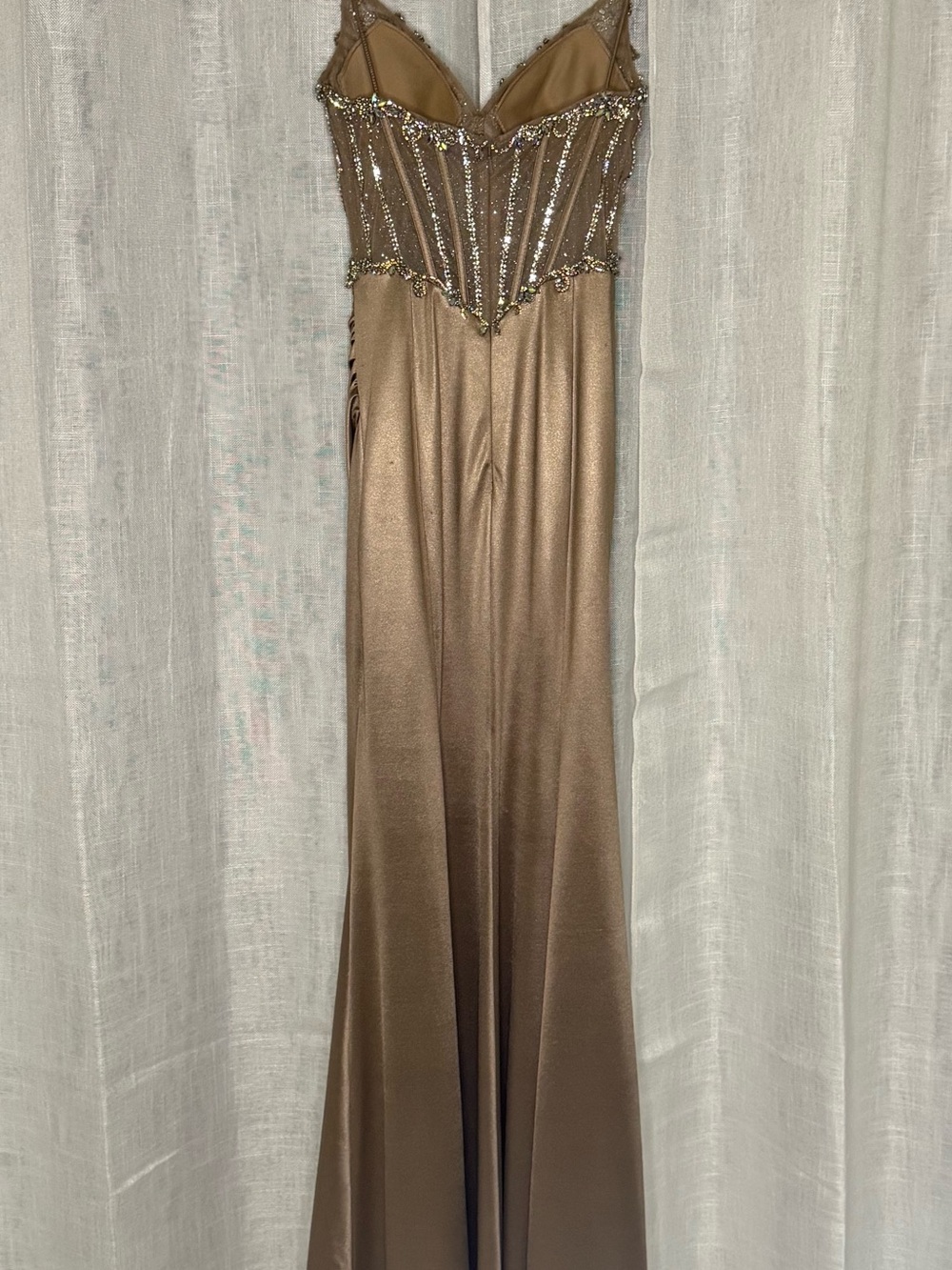 Ladivine Embellished Corset Satin Prom Dress Nude Mermaid Gown - Picture 2 of 13